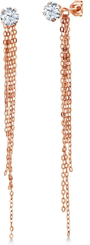 Gem Stone King 1.50 Ct Round 5mm White Zirconia 18K Rose Gold Plated Silver Stud Extra Long Statement Enhancer Earrings 3.5 Inch