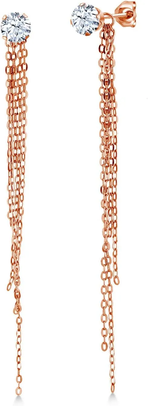 Gem Stone King 1.50 Ct Round 5mm White Zirconia 18K Rose Gold Plated Silver Stud Extra Long Statement Enhancer Earrings 3.5 Inch
