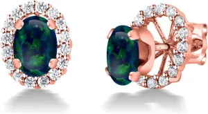 Gem Stone King 18K Rose Gold Plated Silver Oval Cabochon Green Opal Removable Jacket Stud Earrings For Women