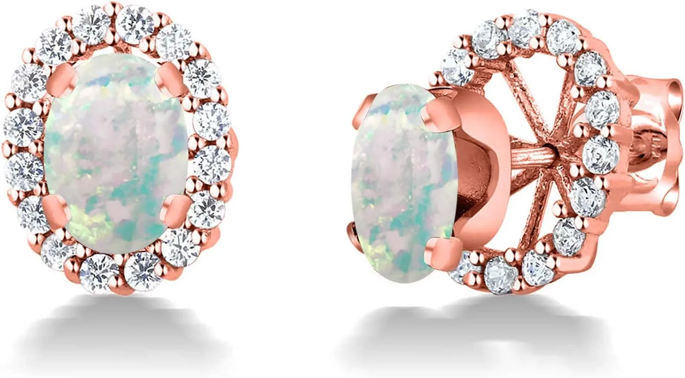 Gem Stone King 18K Rose Gold Plated Silver Oval Cabochon White Opal Removable Jacket Stud Earrings For Women