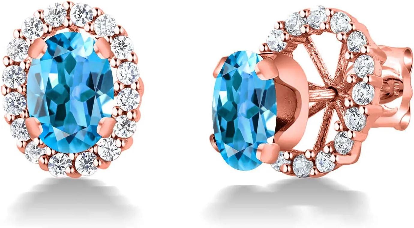 Gem Stone King 18K Rose Gold Plated Silver Oval Swiss Blue Topaz Removable Jacket Stud Earrings For Women