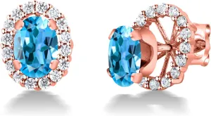 Gem Stone King 18K Rose Gold Plated Silver Oval Swiss Blue Topaz Removable Jacket Stud Earrings For Women