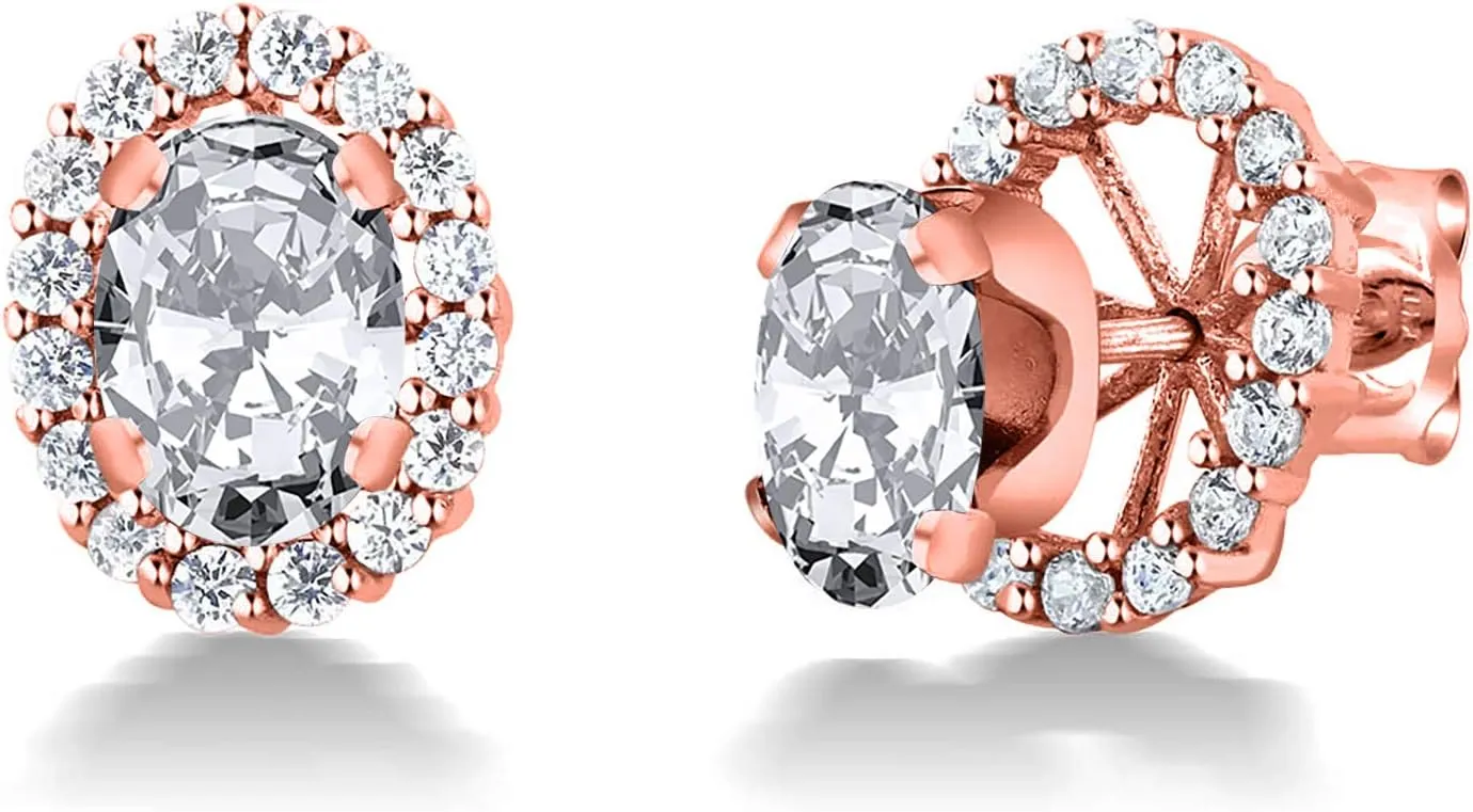 Gem Stone King 18K Rose Gold Plated Silver Oval White Zirconia Removable Jacket Stud Earrings For Women