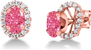 Gem Stone King 18K Rose Gold Plated Silver Set With Oval Fancy Pink Zirconia Removable Jacket Stud Earrings For Women