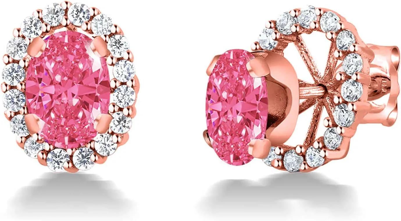 Gem Stone King 18K Rose Gold Plated Silver Set With Oval Fancy Pink Zirconia Removable Jacket Stud Earrings For Women
