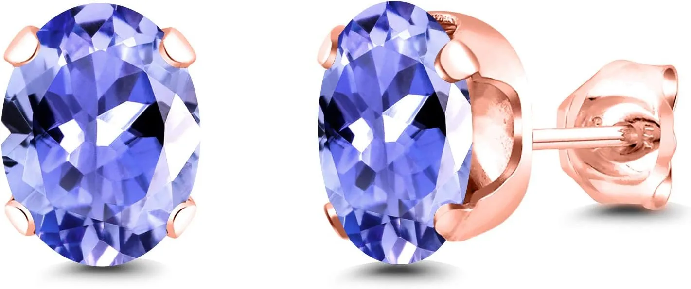 Gem Stone King 18K Rose Gold Plated Silver Stud Earrings For Women Men Set By 2.32 Ct 8x6mm Oval Blue Tanzanite