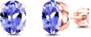 Gem Stone King 18K Rose Gold Plated Silver Stud Earrings For Women Men Set By 2.32 Ct 8x6mm Oval Blue Tanzanite