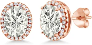 Gem Stone King 18K Rose Gold Plated Silver Stud Earrings Near Colorless Oval 4.68cttw Moissanite