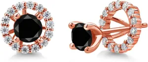 Gem Stone King 18K Rose Gold Plated Silver Stud Earrings Round Black Diamond and Moissanite (1.52 Cttw)