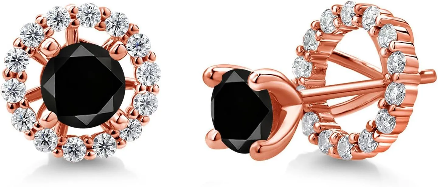 Gem Stone King 18K Rose Gold Plated Silver Stud Earrings Round Black Diamond and Moissanite (1.52 Cttw)