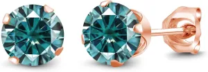 Gem Stone King 18K Rose Gold Plated Silver Stud Earrings Set For Women Men Blue Round Moissanite 1.00cttw