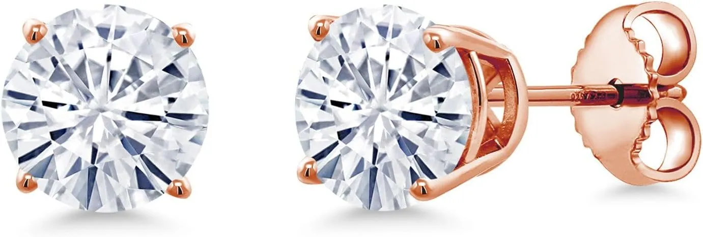 Gem Stone King 18K Rose Gold Plated Silver White Moissanite Stud Earrings For Women Men (1.60 Cttw, Gemstone Birthstone, Round 6MM)