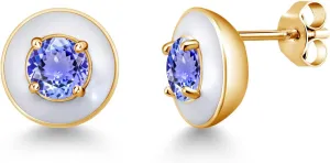 Gem Stone King 18K Yellow Gold Plated Silver Blue Tanzanite and White Enamel Stud Earrings For Women Men (0.92 Cttw, Gemstone Birthstone, Round 5MM)