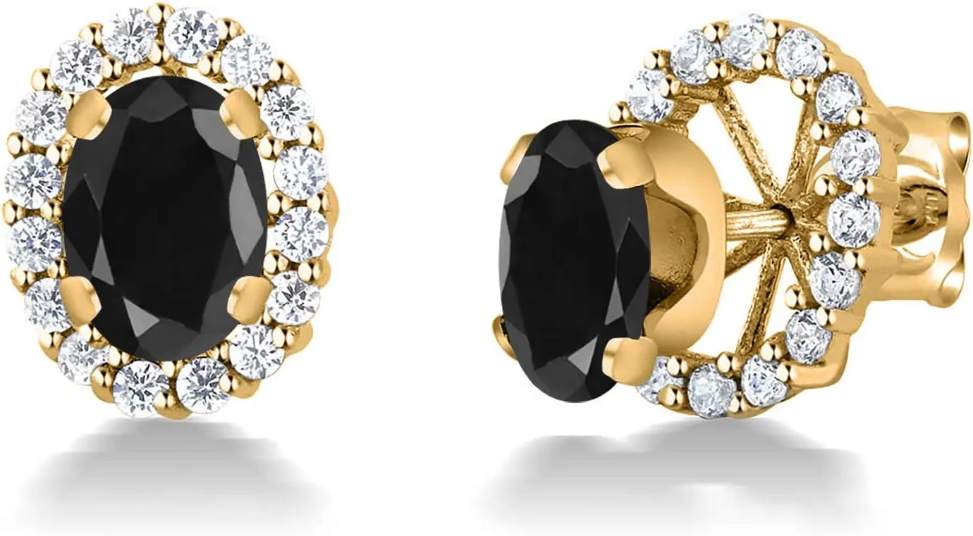 Gem Stone King 18K Yellow Gold Plated Silver Oval Black Sapphire Removable Jacket Stud Earrings For Women