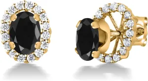 Gem Stone King 18K Yellow Gold Plated Silver Oval Black Sapphire Removable Jacket Stud Earrings For Women
