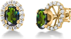 Gem Stone King 18K Yellow Gold Plated Silver Oval Tourmaline Green Mystic Topaz Removable Jacket Stud Earrings For Women