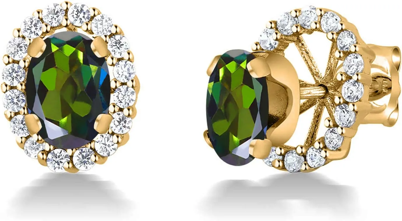 Gem Stone King 18K Yellow Gold Plated Silver Oval Tourmaline Green Mystic Topaz Removable Jacket Stud Earrings For Women