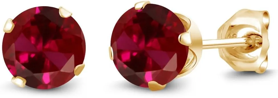 Gem Stone King 18K Yellow Gold Plated Silver Red Created Ruby Stud Earrings For Women Men (2.00 Cttw, Round 6MM)