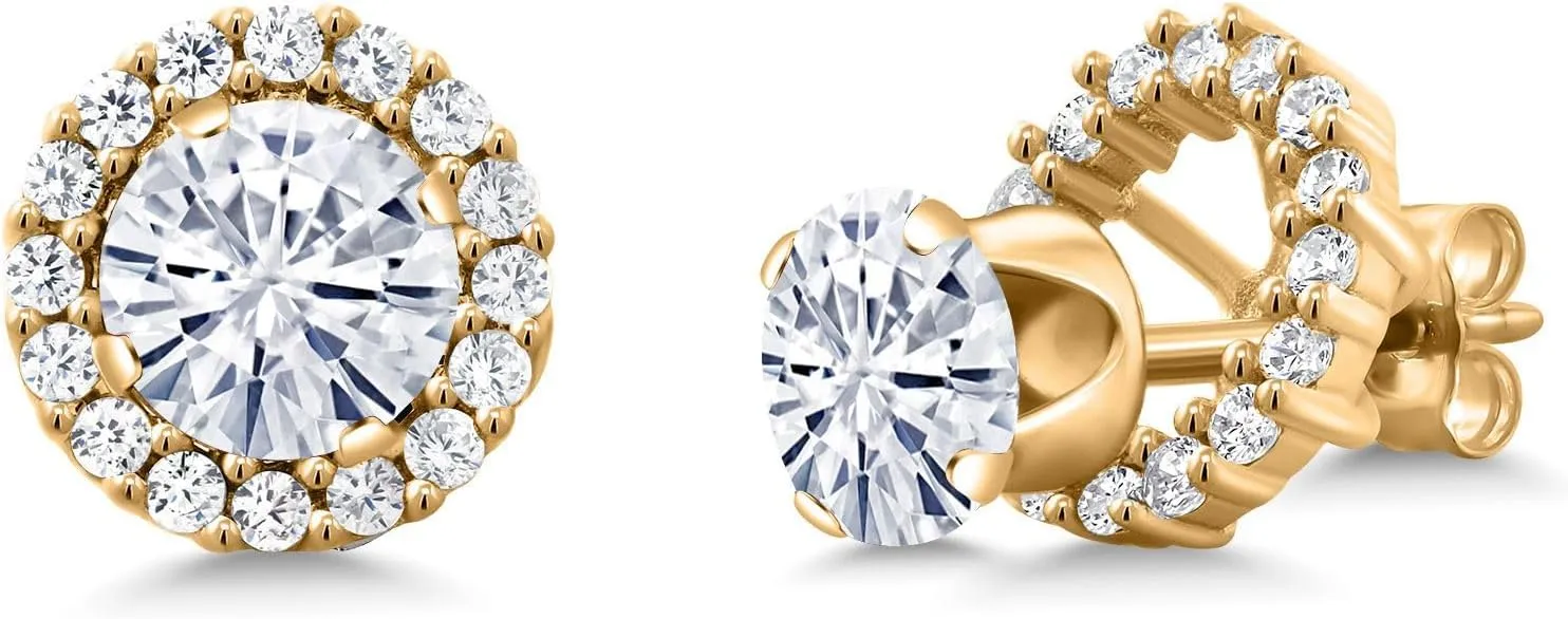 Gem Stone King 18K Yellow Gold Plated Silver Removable Jacket Stud Earrings Set with Round 1.60cttw Moissanite