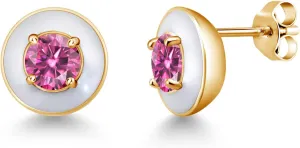 Gem Stone King 18K Yellow Gold Plated Silver Stud Earrings For Women Men Pink Round Moissanite (1.00 Cttw)