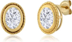 Gem Stone King 18K Yellow Gold Plated Silver Stud Earrings For Women Men Set with Oval 1.80cttw Moissanite