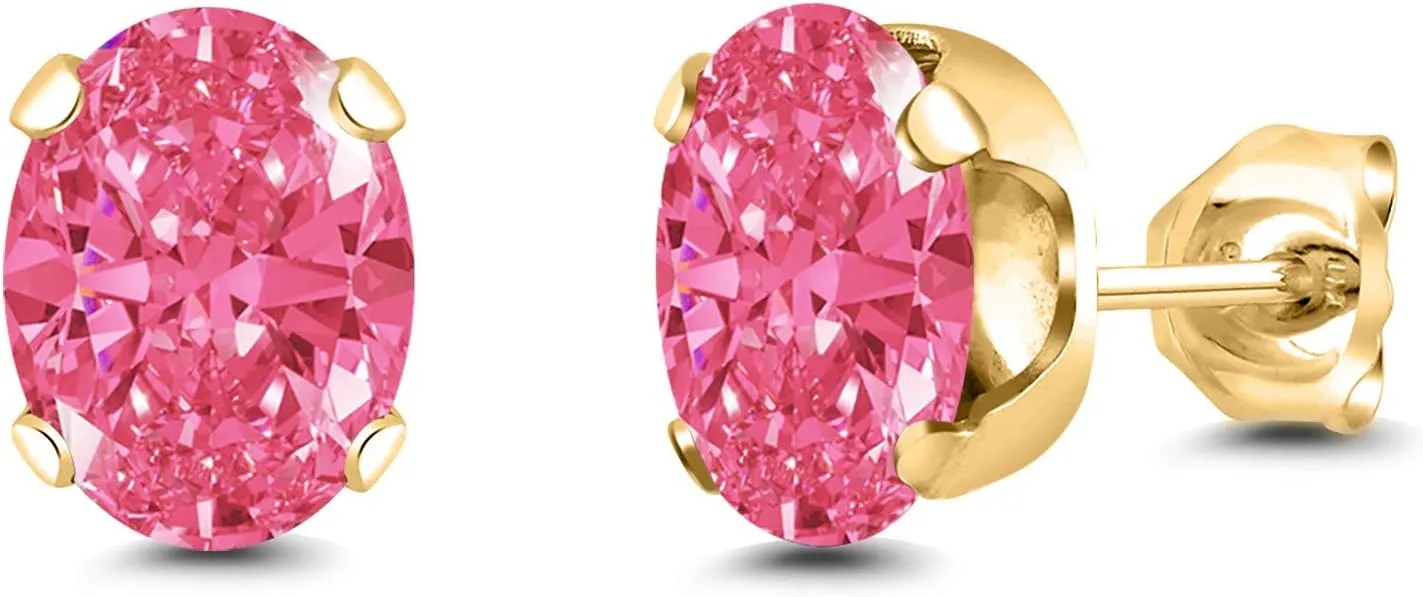 Gem Stone King 18K Yellow Gold Plated Silver Stud Earrings For Women Men Set With Oval Fancy Pink Zirconia