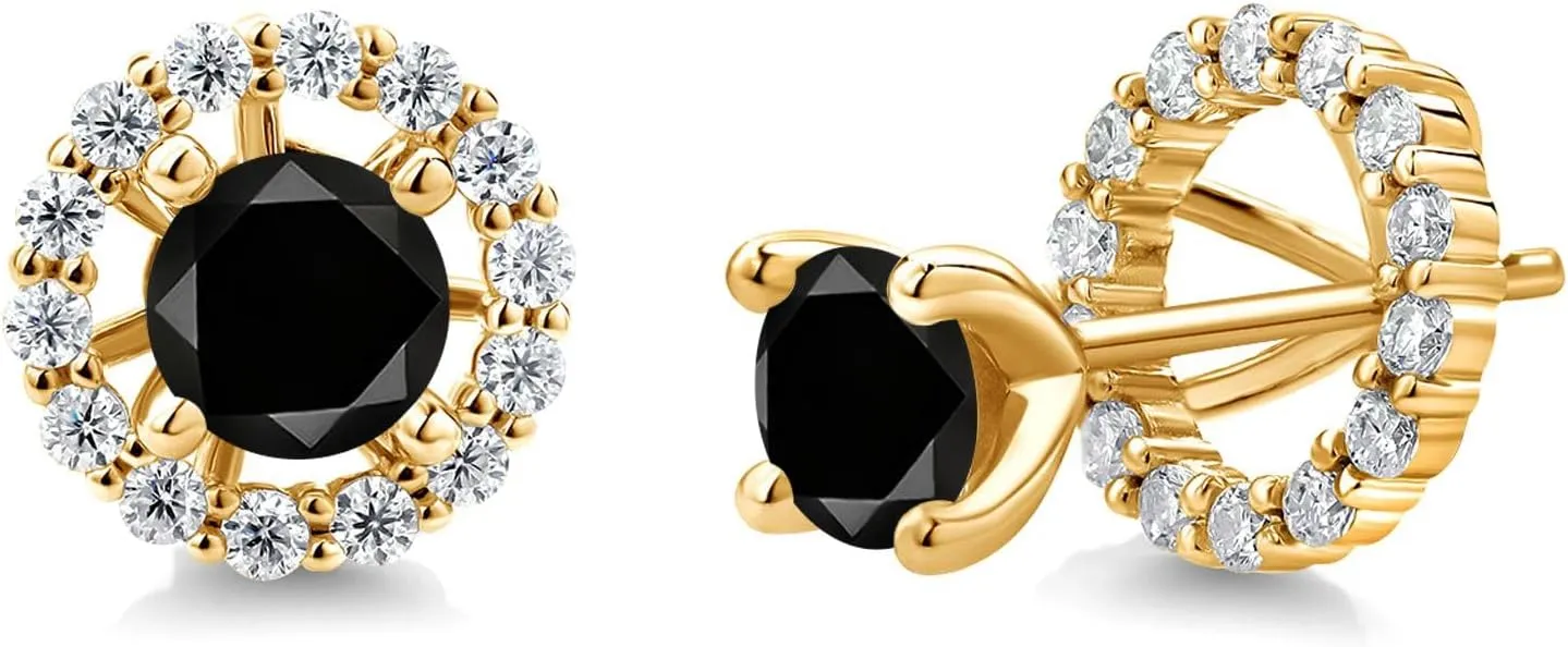 Gem Stone King 18K Yellow Gold Plated Silver Stud Earrings Round Black Diamond and Moissanite (1.52 Cttw)