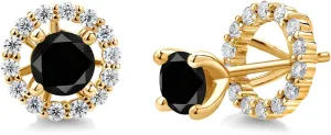 Gem Stone King 18K Yellow Gold Plated Silver Stud Earrings Round Black Diamond and Moissanite (1.52 Cttw)