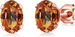Gem Stone King 2.00 Ct 7x5mm Ecstasy Mystic Topaz Brass Rose Gold Plated Brass Stud Earrings For Women Men