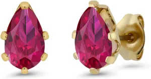 Gem Stone King 2.00 Ct 8x5mm Red Created Ruby Brass Yellow Gold Plated Brass Stud Earrings For Women Men