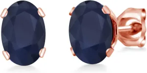 Gem Stone King 2.00 Ct Oval 7x5mm Blue Sapphire Brass Rose Gold Plated Brass Stud Earrings For Women Men