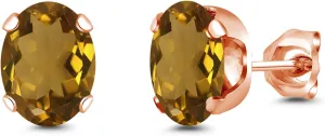 Gem Stone King 2.00 Ct Oval 8x6mm Whiskey Quartz Brass Rose Gold Plated Brass Stud Earrings For Women Men