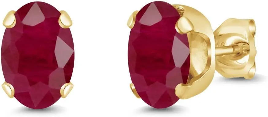 Gem Stone King 2.04 Ct Oval 7x5mm Red Ruby 18K Yellow Gold Plated Silver Stud Earrings For Women Men
