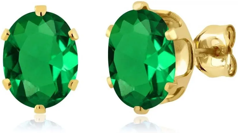 Gem Stone King 2.30 Ct 8X6MM Simulated Emerald 18K Yellow Gold Plated Silver Stud Earrings For Women Men