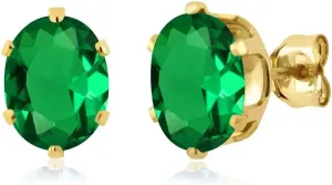 Gem Stone King 2.30 Ct 8X6MM Simulated Emerald 18K Yellow Gold Plated Silver Stud Earrings For Women Men