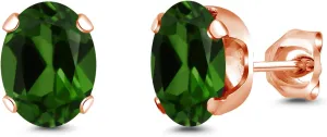 Gem Stone King 2.40 Ct 8x6mm Green Chrome Diopside Brass Rose Gold Plated Brass Stud Earrings For Women Men