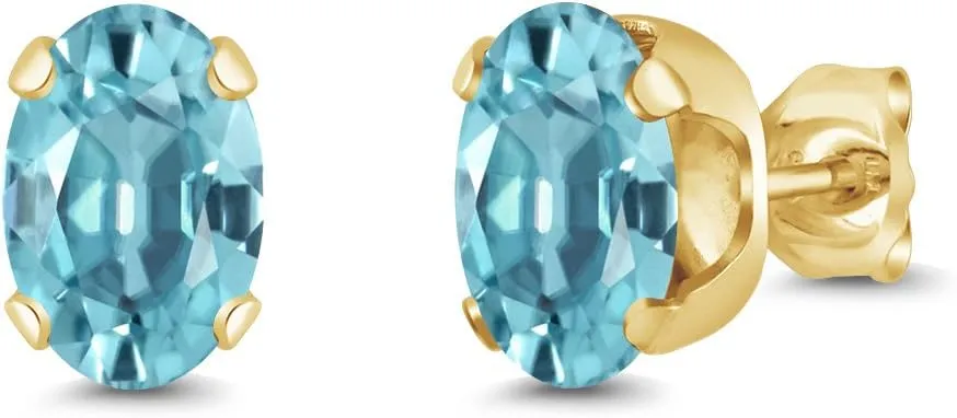 Gem Stone King 2.40 Ct Oval 7x5mm Blue Zircon 18K Yellow Gold Plated Silver Stud Earrings For Women Men