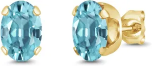 Gem Stone King 2.40 Ct Oval 7x5mm Blue Zircon 18K Yellow Gold Plated Silver Stud Earrings For Women Men