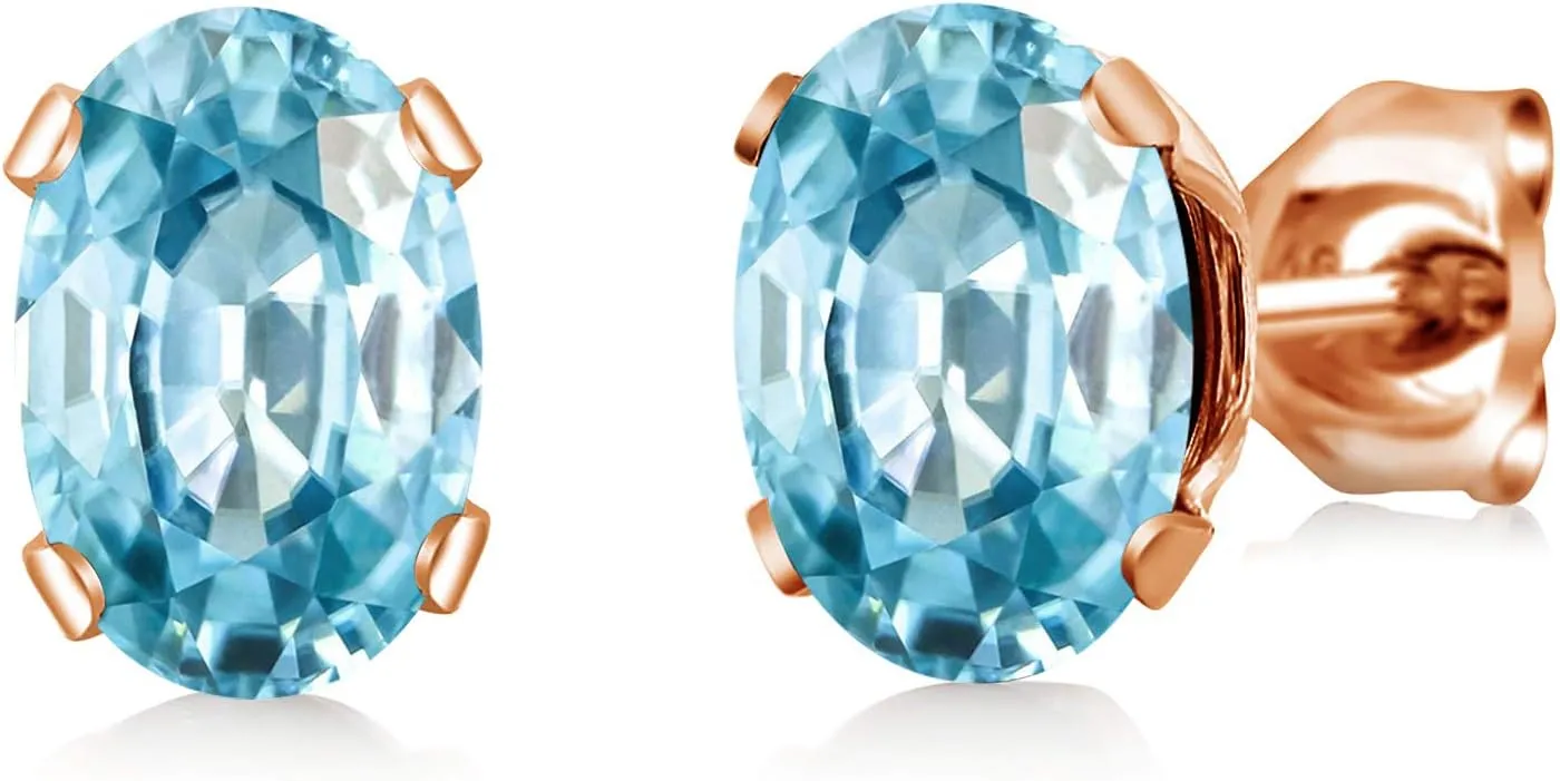 Gem Stone King 2.50 Ct Oval 7x5mm Blue Zircon 18K Rose Gold Plated Silver Stud Earrings For Women Men