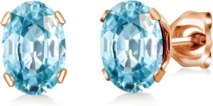 Gem Stone King 2.50 Ct Oval 7x5mm Blue Zircon 18K Rose Gold Plated Silver Stud Earrings For Women Men