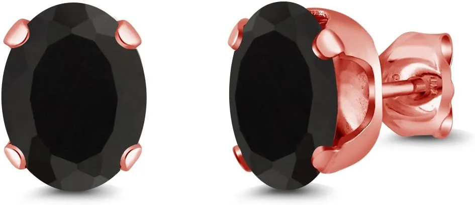 Gem Stone King 2.50 Ct Oval 8x6mm Black Onyx 18K Rose Gold Plated Silver Stud Earrings For Women Men