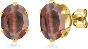 Gem Stone King 2.50 Ct Oval 8x6mm Red Tiger Eye 18K Yellow Gold Plated Silver Stud Earrings For Women Men