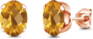 Gem Stone King 2.50 Ct Oval Checkerboard 8x6mm Yellow Citrine Brass Rose Gold Plated Brass Stud Earrings For Women Men