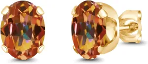 Gem Stone King 2.60 Ct 8x6mm Ecstasy Mystic Topaz 18K Yellow Gold Plated Silver Stud Earrings For Women Men