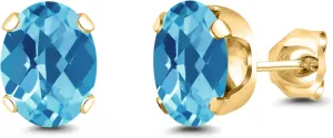 Gem Stone King 2.60 Ct Oval Checkerboard 8x6mm Swiss Blue Topaz 18K Yellow Gold Plated Silver Stud Earrings For Women Men