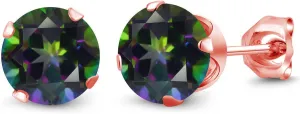 Gem Stone King 2.60 Ct Round 7mm Green Mystic Topaz 18K Rose Gold Plated Silver Stud Earrings For Women Men