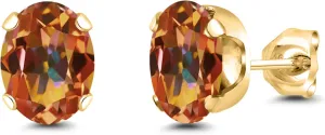 Gem Stone King 3.00 Ct 8x6mm Ecstasy Mystic Topaz 18K Yellow Gold Plated Silver Stud Earrings For Women Men