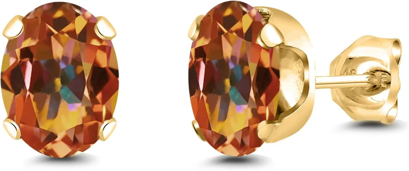 Gem Stone King 3.00 Ct 8x6mm Ecstasy Mystic Topaz 18K Yellow Gold Plated Silver Stud Earrings For Women Men