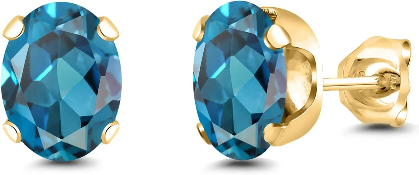 Gem Stone King 3.00 Ct Oval 8x6mm London Blue Topaz 18K Yellow Gold Plated Silver Stud Earrings For Women Men