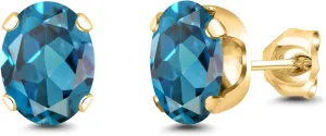 Gem Stone King 3.00 Ct Oval 8x6mm London Blue Topaz 18K Yellow Gold Plated Silver Stud Earrings For Women Men
